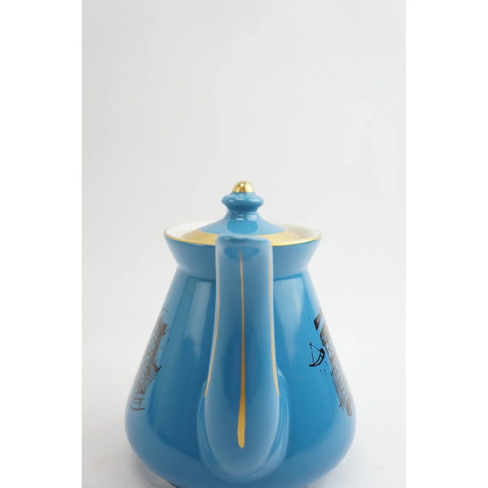 Hall Teapot Blue Gold Colonial‎ Fireplace Hearth 6 Cup Ceramic 0066 Good